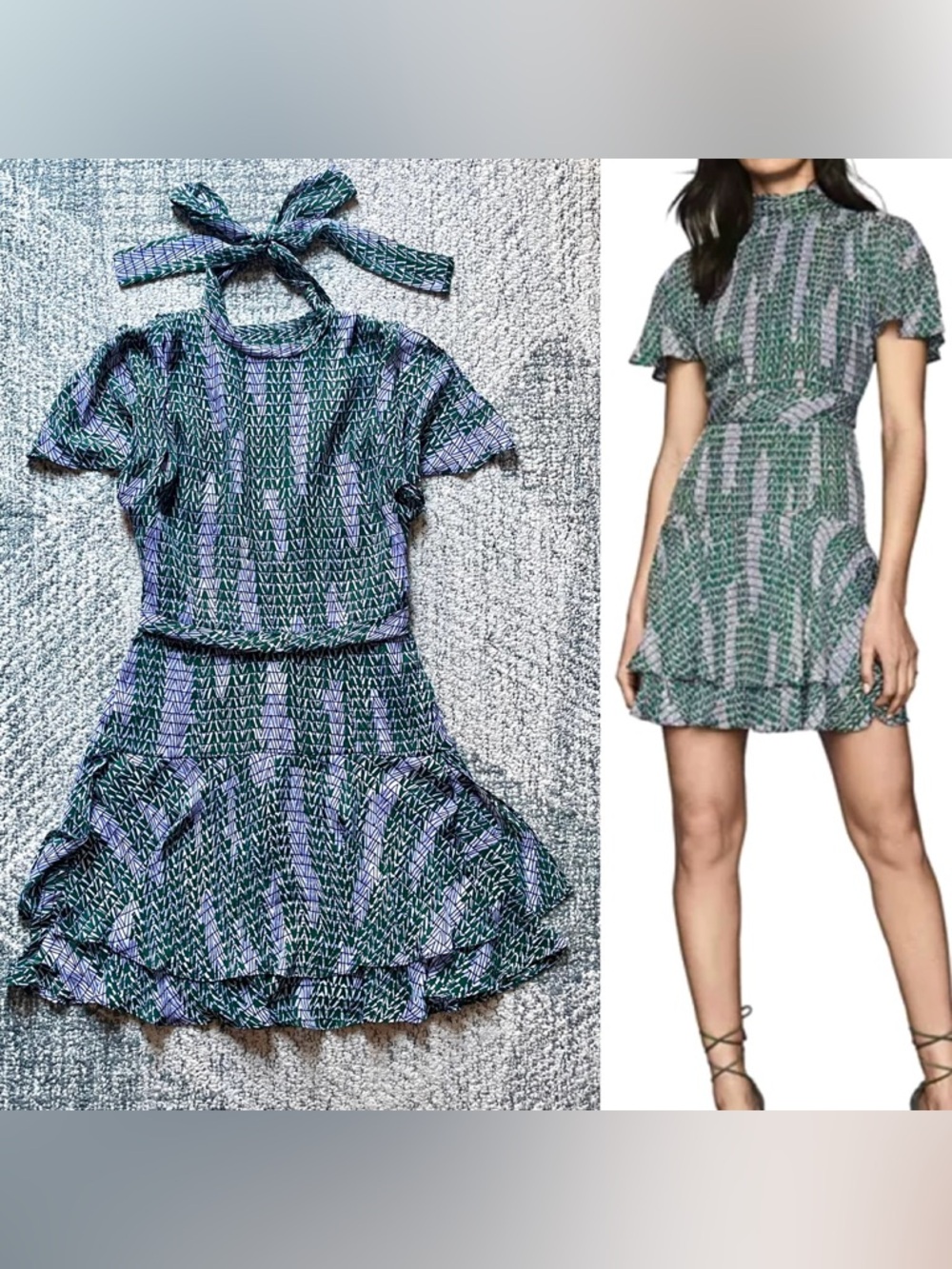 REISS $315 “Natalie” Geo Printed Mini Dress Tiered Flounce Tie Back Mock Neck